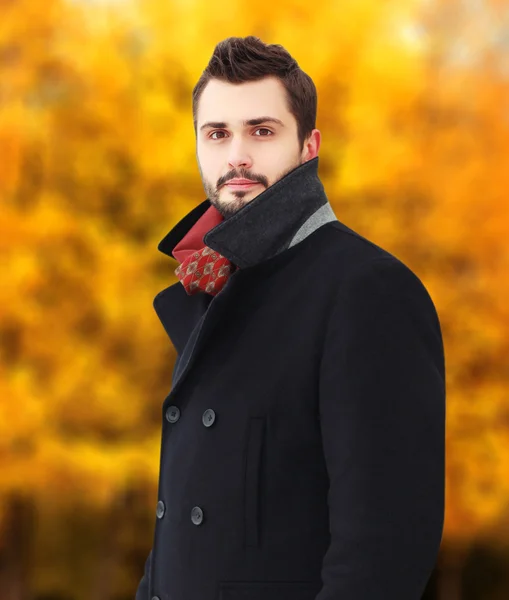 Portrait of handsome bearded brunette man wearing a black coat i — Stock Photo, Image