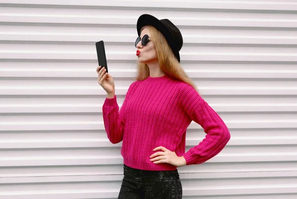 Portrait Stylish Young Woman Model Taking Selfie Using Smartphone Blowing — Stock Photo, Image