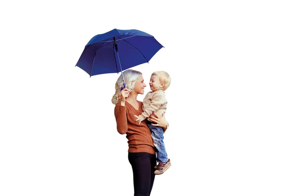 Happy Smiling Mother Holding Her Child Son Blue Umbrella Having — Stock Photo, Image