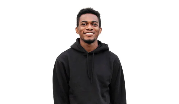 Портрет Современного Улыбающегося Молодого Африканца Смотрящего Камеру Черной Толстовке Белом — стоковое фото