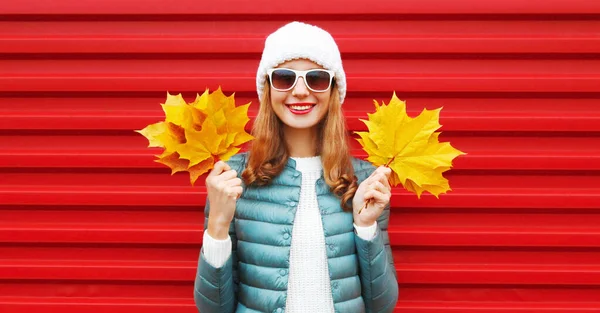 Осенний Портрет Счастливой Улыбающейся Молодой Женщины Держащей Листья Желтого Клена — стоковое фото