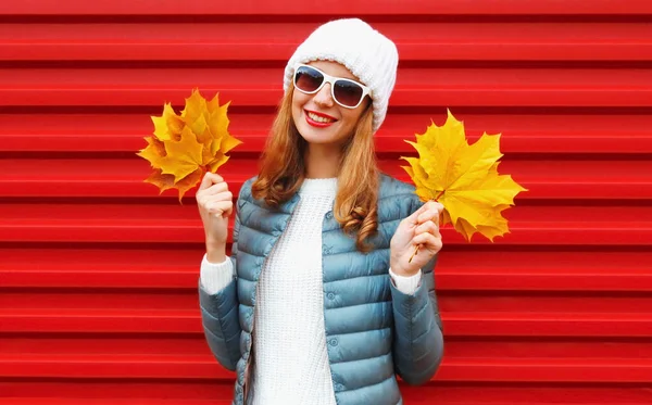 Retrato Outono Feliz Sorridente Jovem Segurando Bordo Amarelo Folhas Fundo — Fotografia de Stock