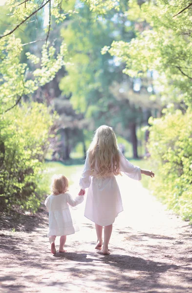 Two sisters holding hands walking in the forest — Stock Photo, Image