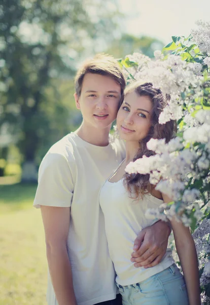 Spring tender portrait lovely young couple in love — Stock Photo, Image