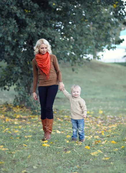 Mère et enfant marchant dans le parc d'automne — Photo