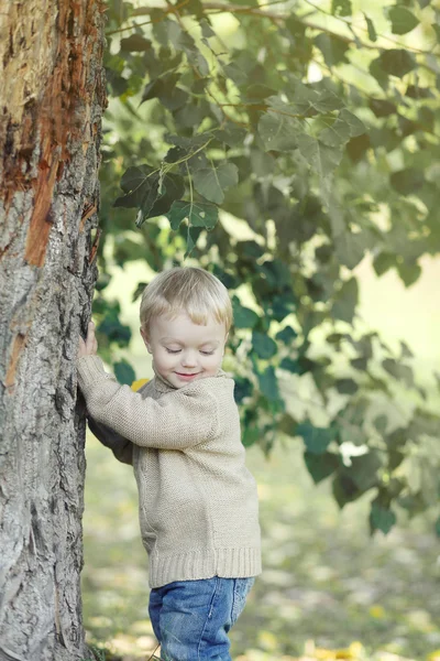 Porträtt söta unge i höst park — Stockfoto