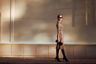 Sokak moda, çok şık kadın modeli leopar elbiseli ve 
