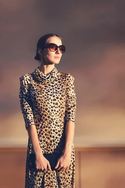 Calle retrato de moda mujer bonita con estilo en un vestido con leo — Foto de Stock