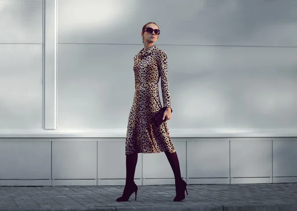 Concepto de moda de calle - mujer bastante elegante en vestido de leopardo un — Foto de Stock