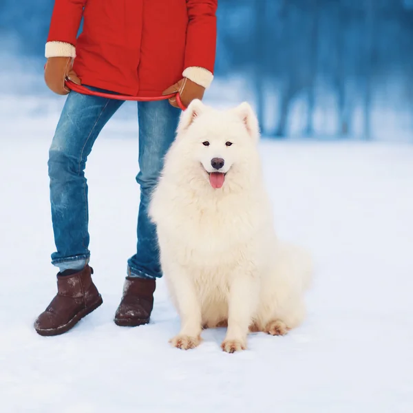 Kerstmis, winter en mensen concept - vrouw eigenaar wandelen met — Stockfoto