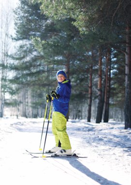 Sportif çocuk ormanda güneşli kış günü Kayak