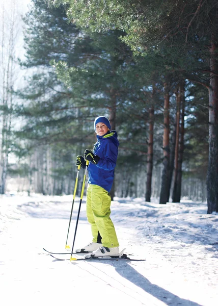 Sportieve jongen skiën in het forest, zonnige winterdag — Stockfoto