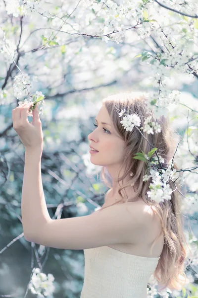 Sunny spring portrait of a beautiful woman touching petals in a — Stock Photo, Image