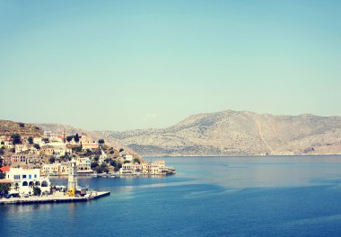 Manzara Adası Symi, Yunanistan. En iyi bölüm şehir panoraması