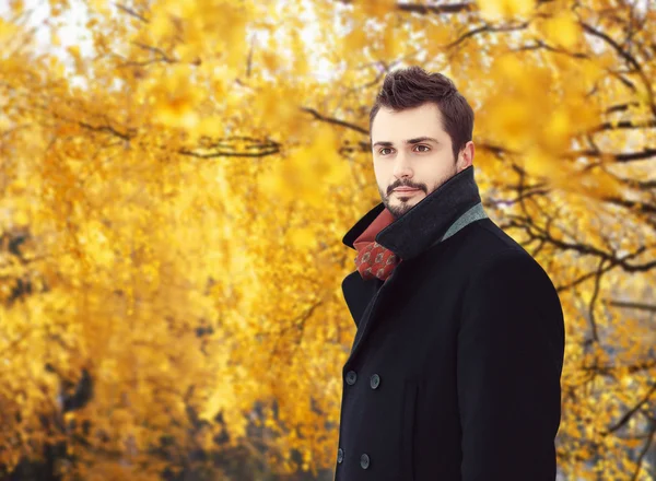 Retrato de un hombre barbudo guapo con un abrigo negro en otoño —  Fotos de Stock