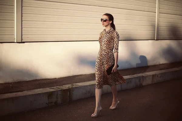 Moda mujer joven con un vestido de leopardo y bolso de embrague w — Foto de Stock