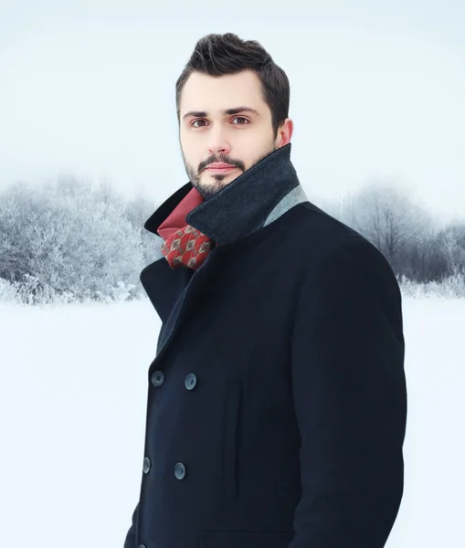 Fashion portrait handsome bearded man wearing black coat in wint — Stock Photo, Image