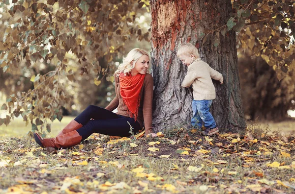 Mamá jugando con hijo niño en otoño parque bajo el árbol —  Fotos de Stock