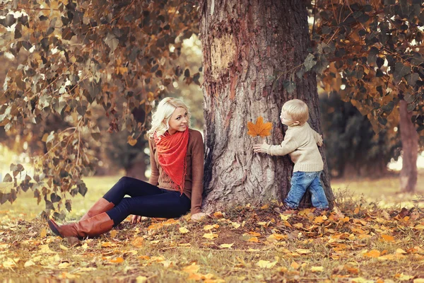 Famille dans le parc d'automne ! Maman jouer avec fils enfant — Photo