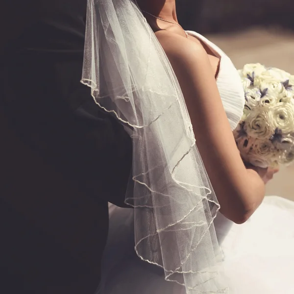 Bruden och brudgummen närbild, slöja bröllopsklänning, vintage färger — Stockfoto