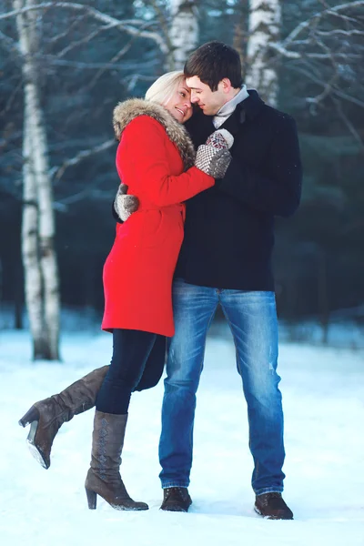 Feliz hermosa pareja abrazándose en invierno día frío —  Fotos de Stock