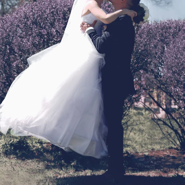 婚礼甜蜜的情侣接吻的时候，新娘和新郎在爱中 — 图库照片