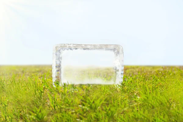 Pieza transparente de hielo derretido en la hierba verde —  Fotos de Stock