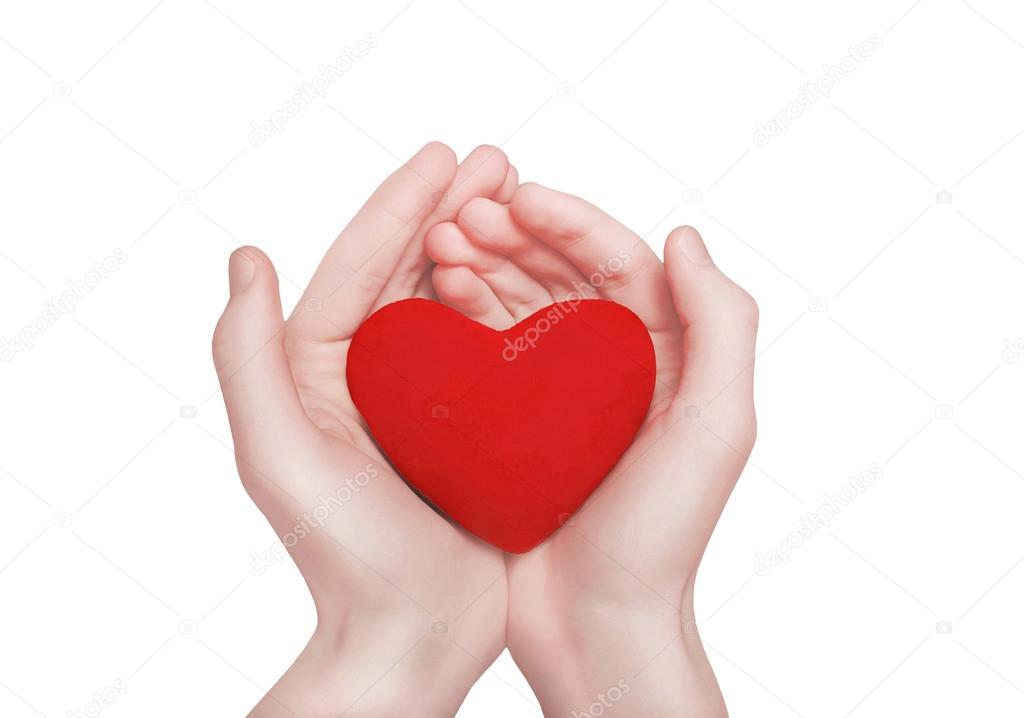 Red heart shape in hands. Valentine's day, charity and love conc