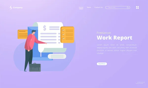 Een Man Stuurt Een Rapport Voor Freelancer Kantoormedewerker Landingspagina Concept — Stockvector