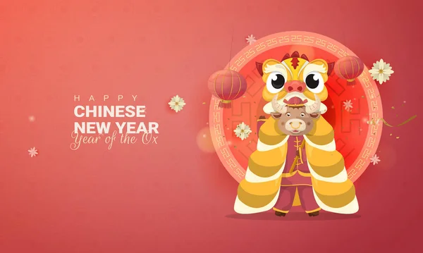 Ano Novo Lunar Chinês 2021 Ano Boi Com Barongsai Leão — Vetor de Stock