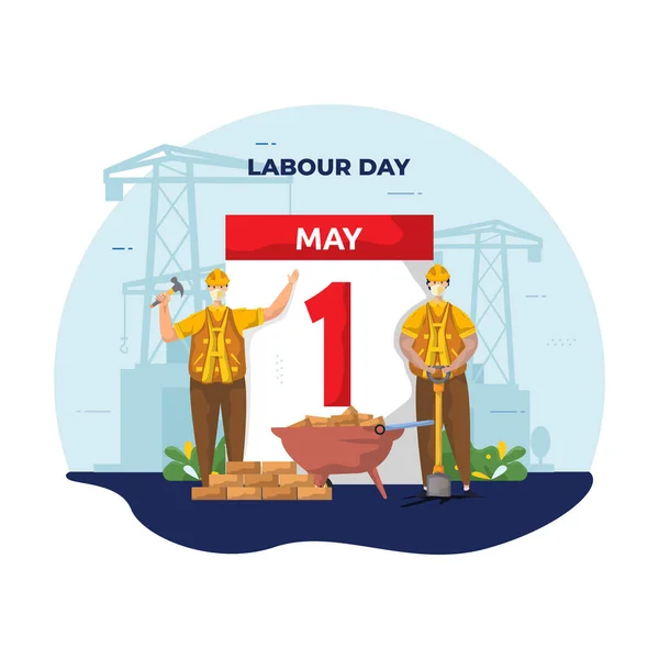 Joyeuse Journée Travail Avec Illustration Des Travailleurs Construction Fond Calendrier — Image vectorielle
