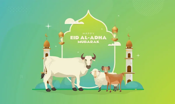 Happy Eid Adha Banner Illustration Goats Sheep Cows Sacrificed Concept — Vetor de Stock
