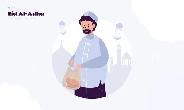 Muslim Distributing Sacrificial Meat Eid Adha Concept — Vetor de Stock