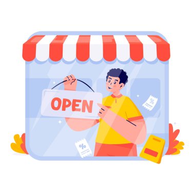 Man hanging open sign for online store opening announcement vector illustration