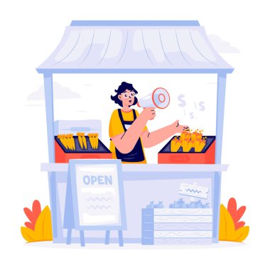 Woman Seller at Traditional Market Promoting Products Vector Illustration