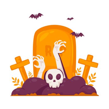 Korkunç bir kafatasının vektör çizimi ve mezardan yükselen iskelet el..