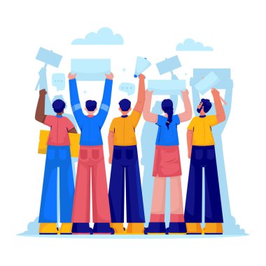 Çeşitli insanlar bir arada duruyor, işaretler koyuyor ve demokratik protesto, vektör illüstrasyonuna katılıyorlar.