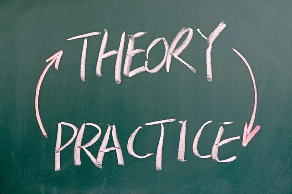 Theory and practice words written on the chalkboard — Stock Photo, Image