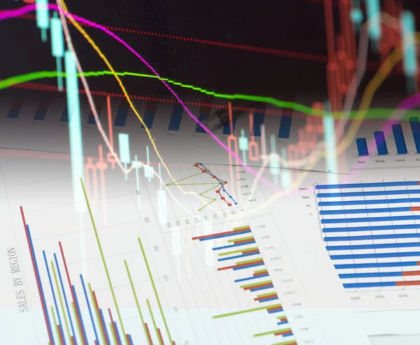 Színes kollázs a pénzügyi és üzleti diagramok — Stock Fotó