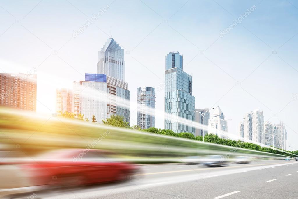 Light trails on buildings background