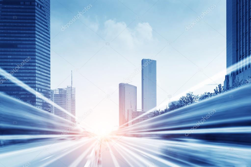 Light trails on buildings background