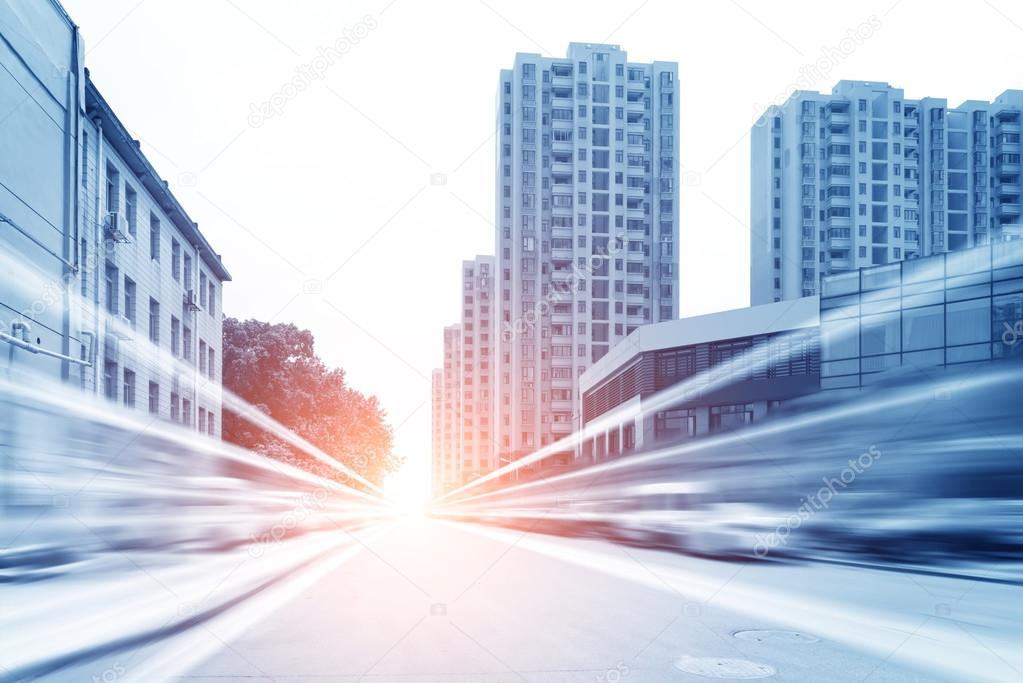 Light trails on buildings background