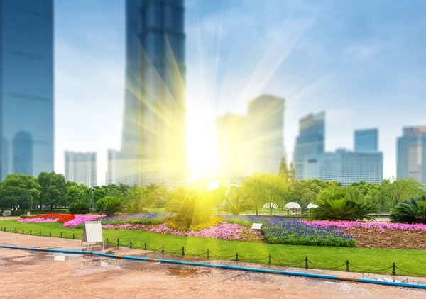 City park with modern buildings — Stock Photo, Image