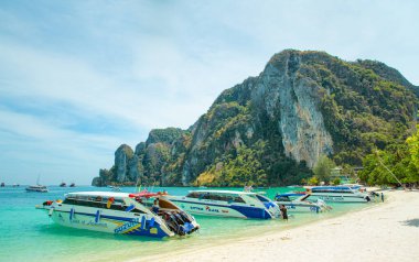 Geleneksel tahta kuyruklu Tayland teknesi ve Krabi 'deki Koh Phi Phi adasındaki güzel kumsal. Ao Nang, Tayland.
