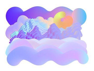 Karlı tepeler, menekşe dağ sıraları, kabarık bulutlar, mavi-mor gökyüzüne karşı parlak güneş, modern kış tasarımları için yatay vektör çizimi.