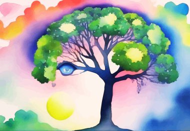 Yeşil taç ve mavi göz ile sürreal ağaç üzerinde asılı güneş ışığı ile birlikte sarı güneş ile pembe gökyüzü; rüya ve bahar temalı tasarımlar için suluboya manzara vektör ilülasyonu