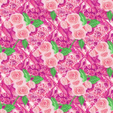 Pembe güller, ortanca (hortensia), karanfil (dianthus) çiçekleri ve yapraklar çapraz çizgilerde elmas şeklinde çerçevelenmiş; güzellik, sevgi, bayram hediyeleri ve tebrik kartları için kusursuz desen.