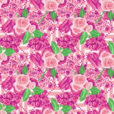 Pembe güller, ortanca (hortensia), karanfiller (dianthus) dikey çizgilerde elmas şeklinde çerçevelenmiş çiçekler ve yapraklar; güzellik, sevgi, bayram hediyesi, selamlama tasarımları için kusursuz desen.