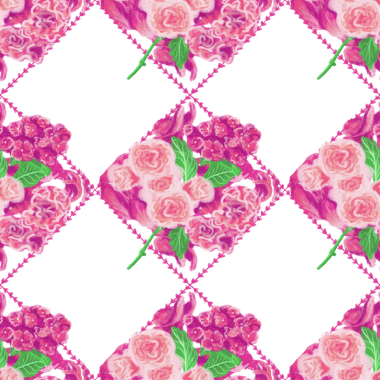 Pembe güller, ortanca (hortensia), karanfil (dianthus) şeffaf arkaplanda elmas şeklinde çerçevelenmiş çiçekler ve yapraklar; güzellik, sevgi, bayram hediyesi ve selamlama tasarımları için kusursuz desen.