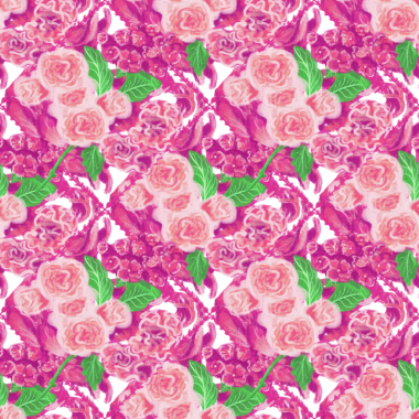 Pembe güller, ortanca (hortensia), karanfil (dianthus) şeffaf arkaplanda elmas şeklinde çerçevelenmiş çiçekler ve yapraklar; güzellik, sevgi, bayram hediyesi ve selamlama tasarımları için kusursuz desen.